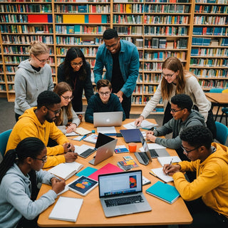 Estudiantes colaborando con libros y laptops