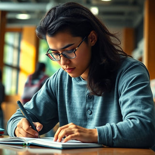 University student writing in a vibrant, colorful setting.