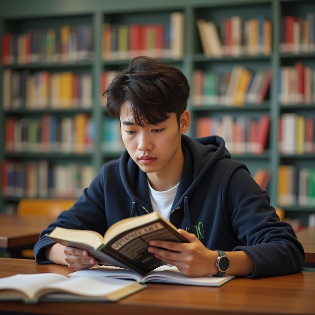 Estudante universitário lendo em um ambiente colorido.