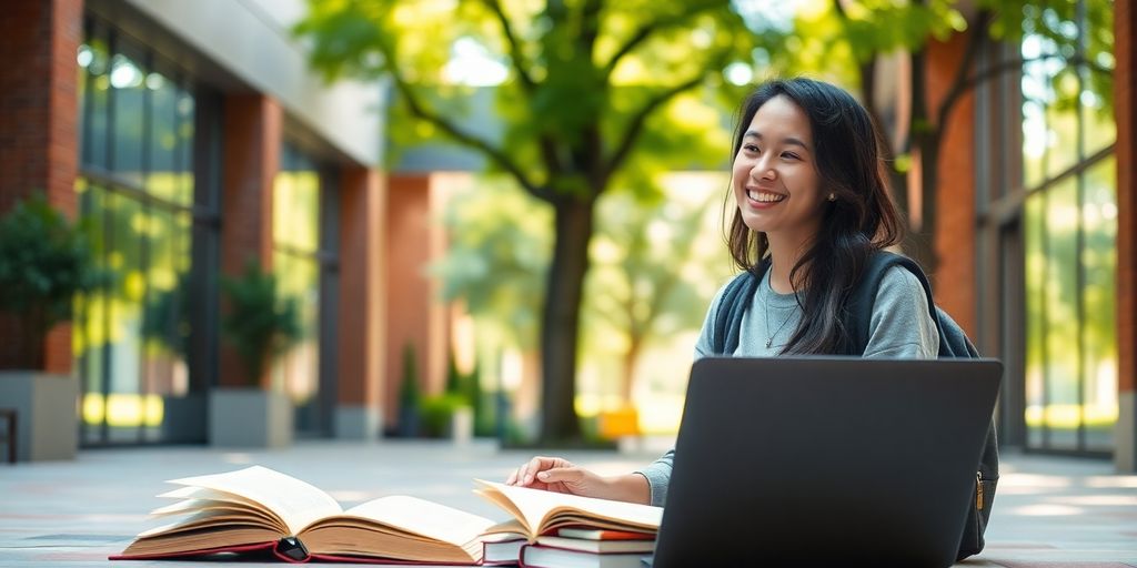 University student studying in a vibrant campus setting.