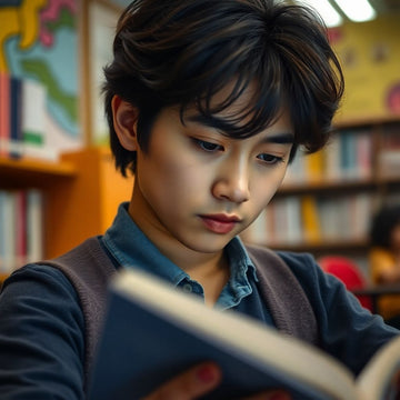 University student reading in a vibrant study environment.