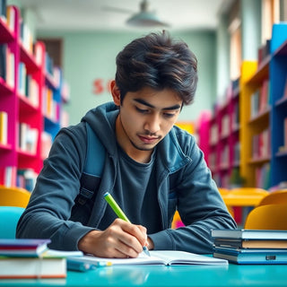 Estudante escrevendo em um ambiente universitário vibrante.