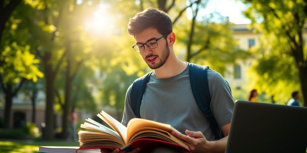 University student studying in a vibrant campus setting.