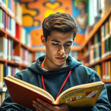 University student reading in a vibrant study environment.