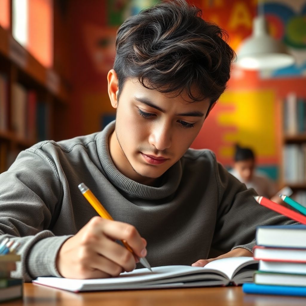 University student writing in a vibrant study environment.