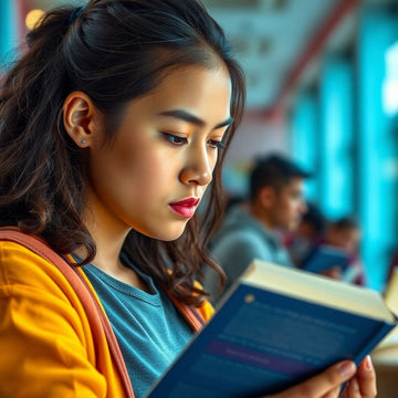 University student reading in a vibrant academic setting.