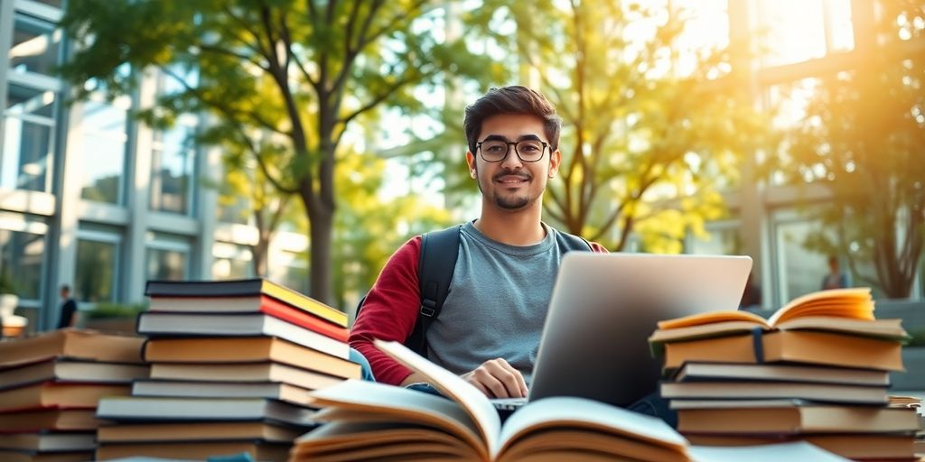 University student in a vibrant campus environment with books.