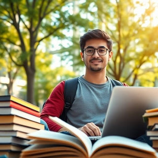 University student in a vibrant campus environment with books.