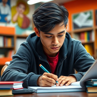 University student writing in a colorful study environment.