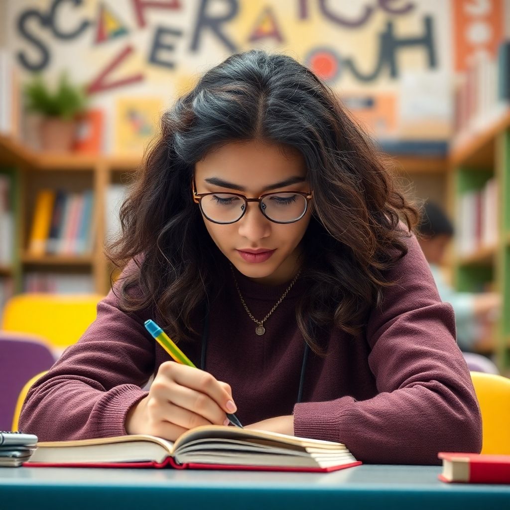 University student writing in a vibrant, colorful study space.