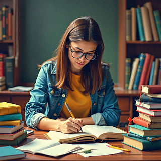 Student studying with books, representing dissertation writing.