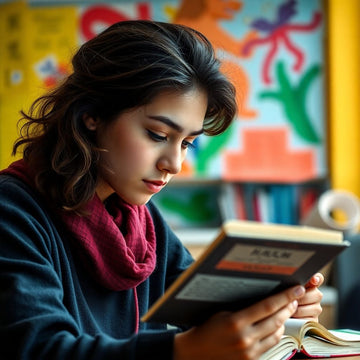 Estudante universitário lendo em um ambiente colorido.