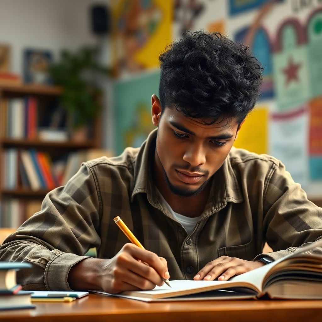 University student writing in a colorful study environment.