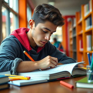 University student writing in a vibrant study environment.