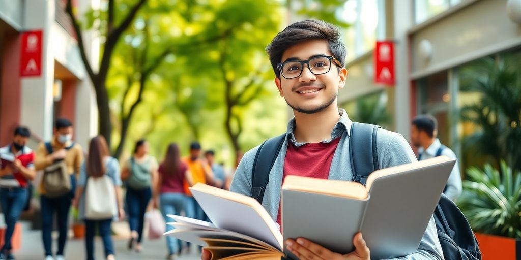 University student in vibrant campus with books and laptop.