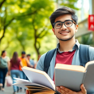 University student in vibrant campus with books and laptop.