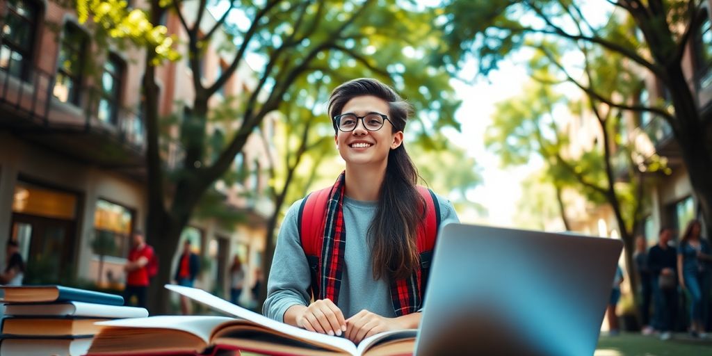 University student in a vibrant campus environment with books.