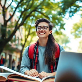 University student in a vibrant campus environment with books.