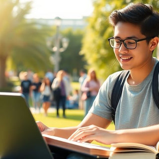 University student studying in a lively campus setting.