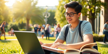 University student studying in a lively campus setting.