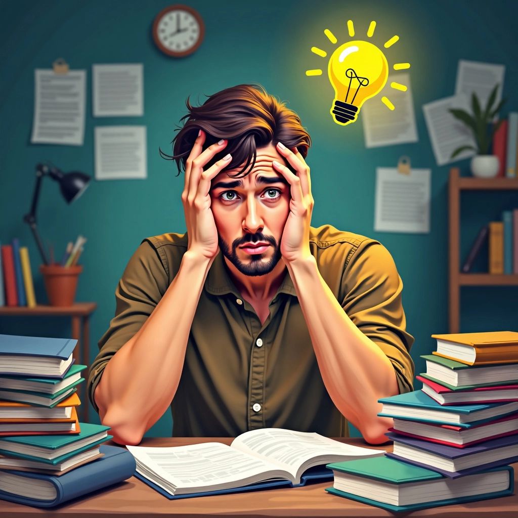 Estudiante estresado contemplando la tesis de licenciatura con fondo colorido.