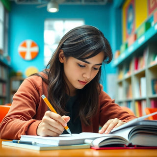 University student writing in a vibrant study environment.