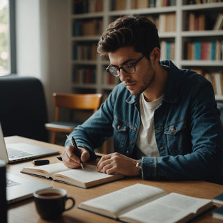 Estudiante trabajando en su tesis con libros y laptop