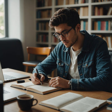 Estudiante trabajando en su tesis con libros y laptop