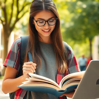 University student studying in a lively campus environment.