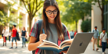 University student studying in a lively campus environment.