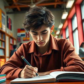 University student writing in a vibrant study environment.