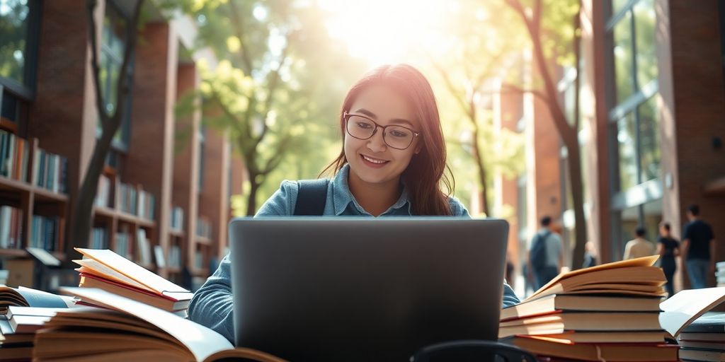 Student studying in a lively campus environment with books.