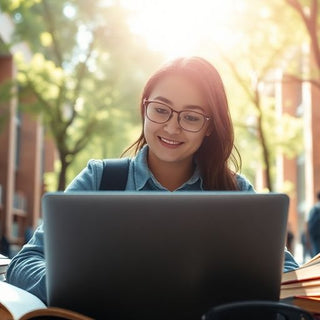 Student studying in a lively campus environment with books.