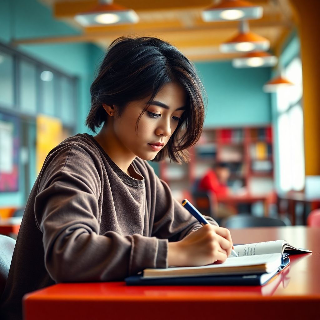 University student writing in a vibrant study environment.