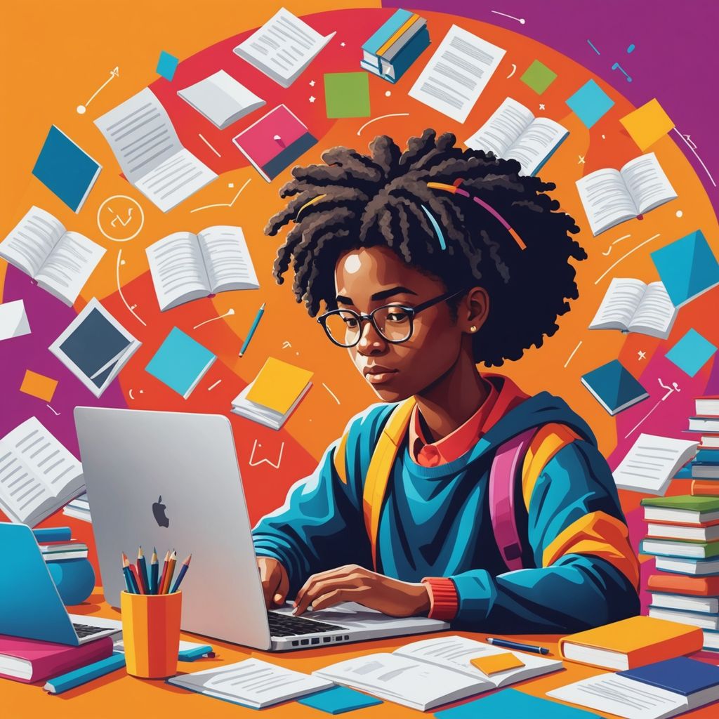 Student working on thesis with books and laptop