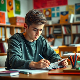 Estudante universitário escrevendo em um ambiente vibrante.