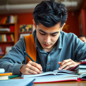 Estudiante universitario escribiendo en un entorno vibrante.
