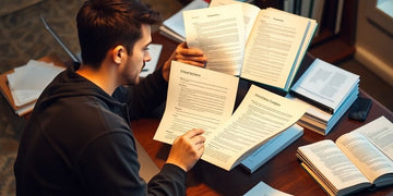Student studying dissertation examples with books and laptop.
