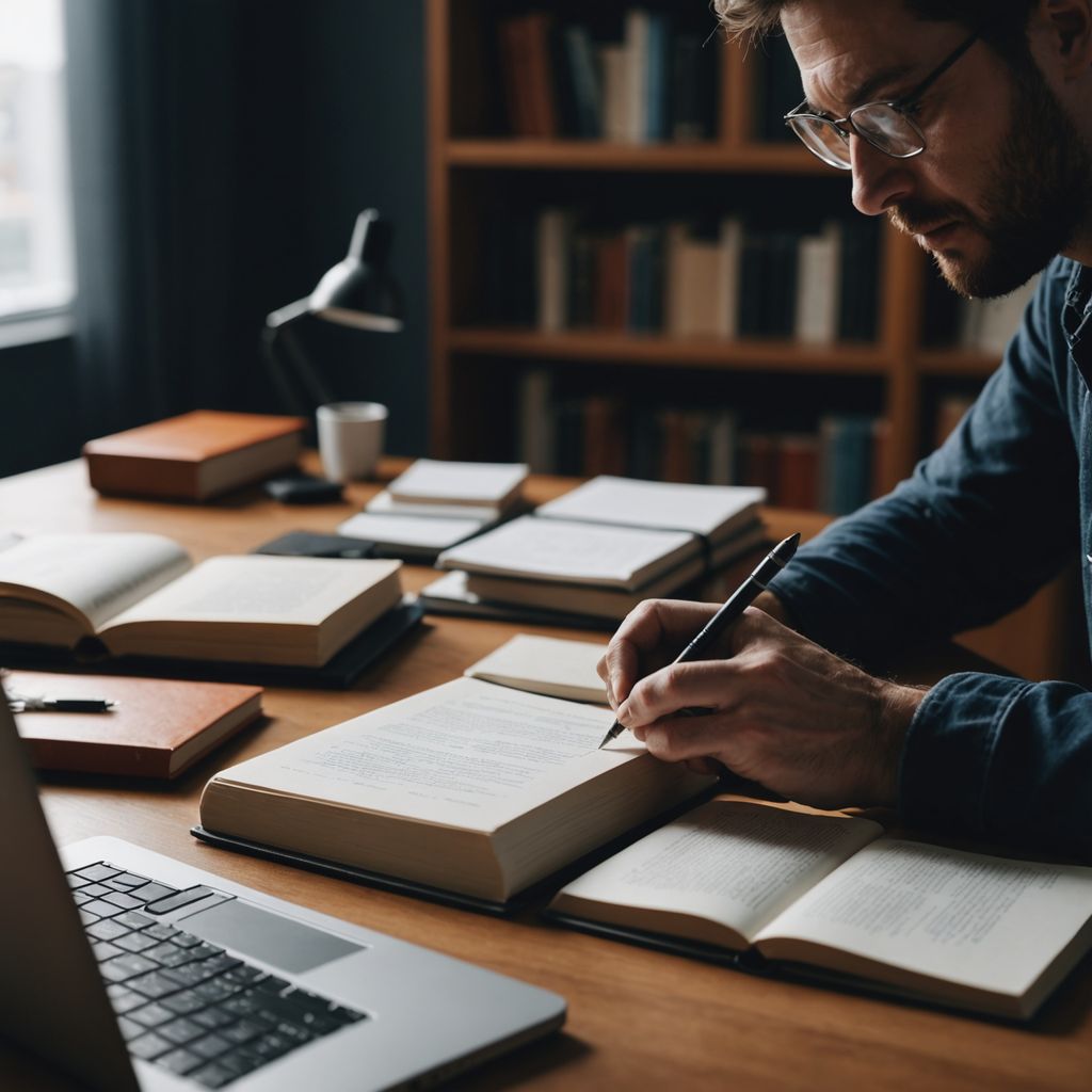 Person drafting sociology research proposal with books and laptop