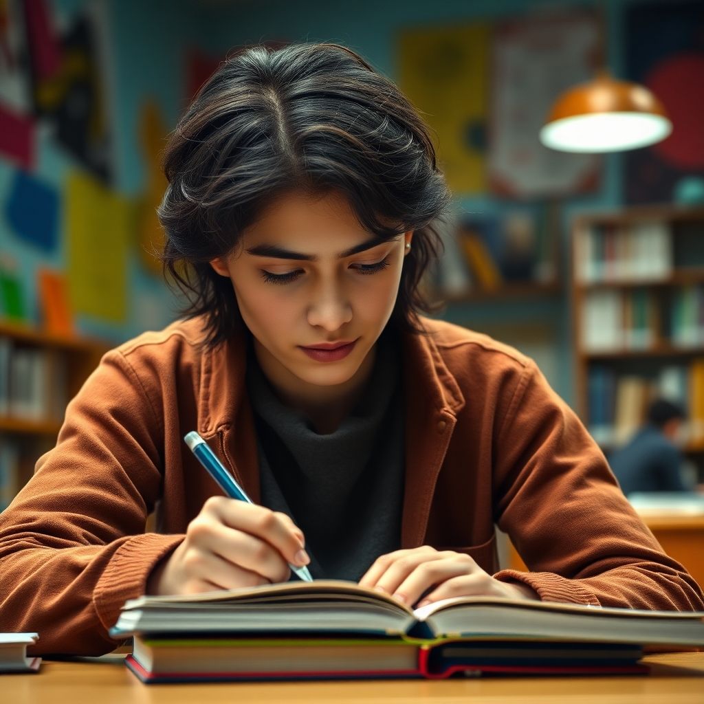 University student writing in a vibrant study environment.