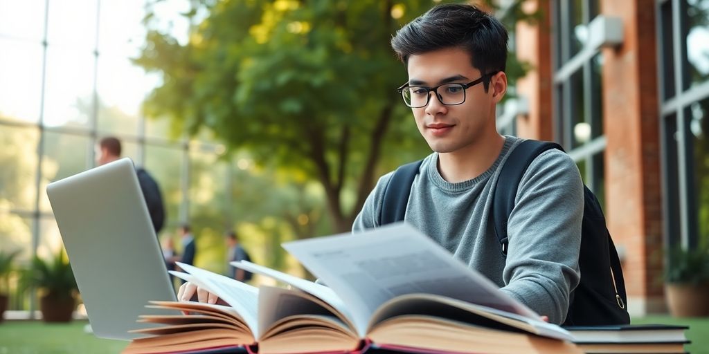 University student studying in a vibrant campus environment.