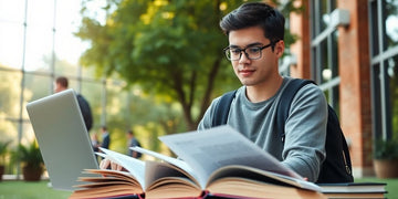 University student studying in a vibrant campus environment.