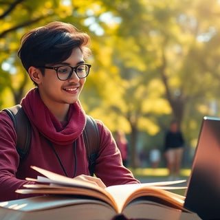 University student in vibrant campus with books and laptop.