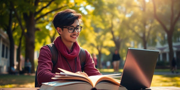 University student in vibrant campus with books and laptop.