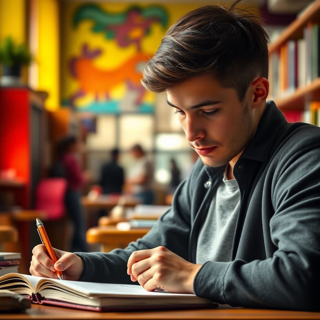 University student writing alone in a colorful study space.