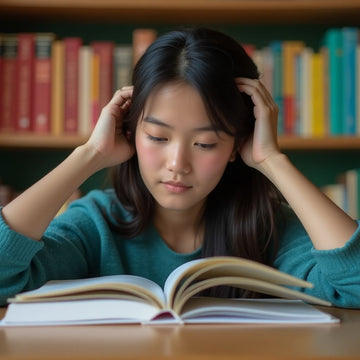 University student reading in a vibrant study environment.