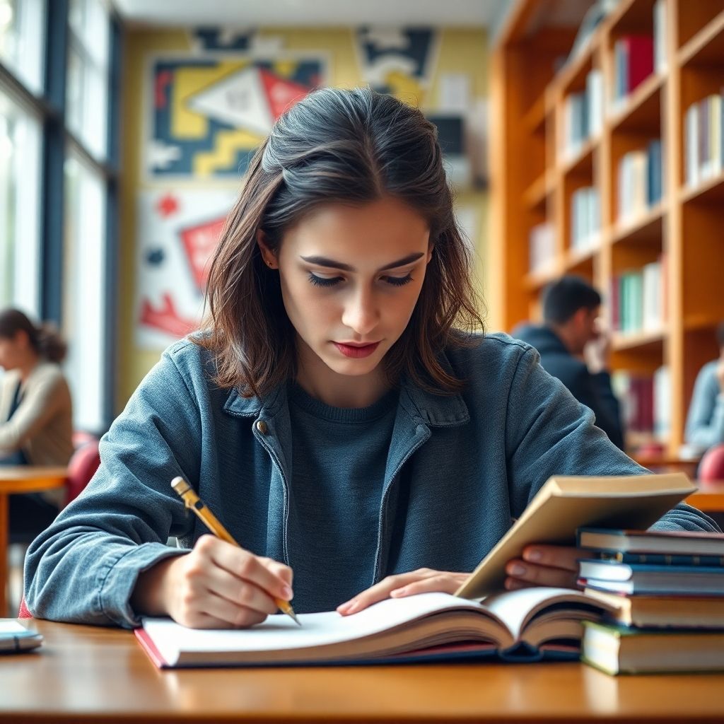 University student writing in a vibrant study environment.