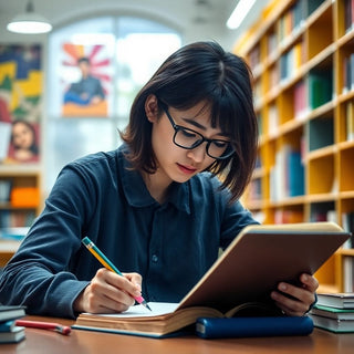 University student writing in a vibrant study environment.