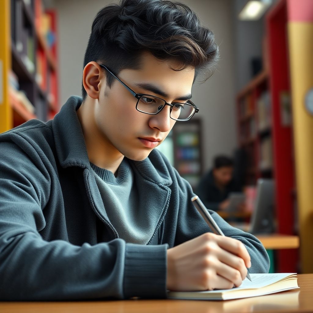 University student writing in a vibrant study environment.