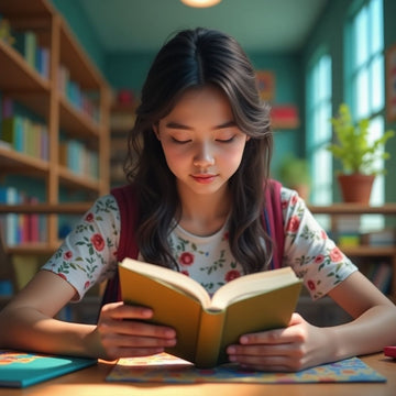 University student reading in a vibrant study environment.